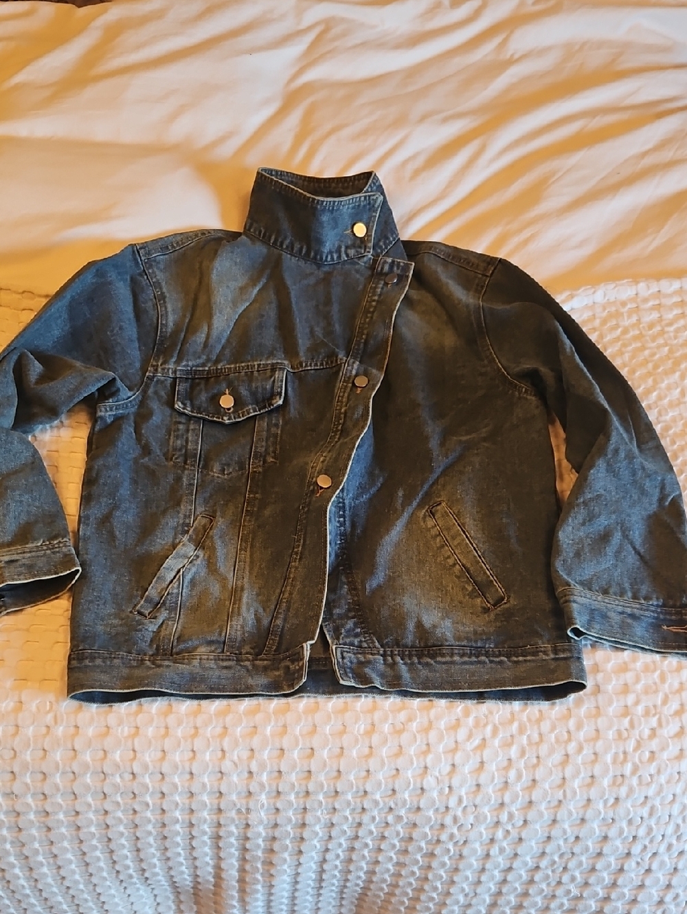Oversized Dark Denim Jacket - Assymetric Front Buttons Size Medium